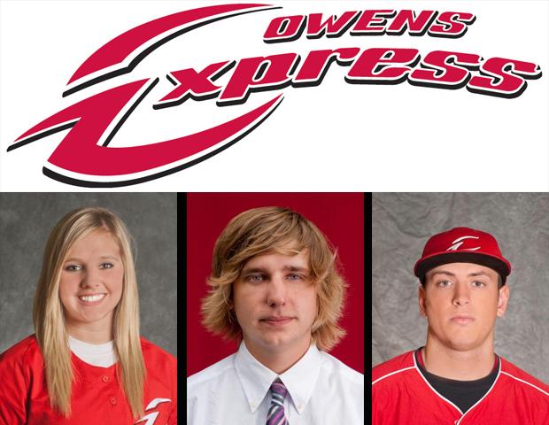 Ashlyn Michalak, Darren Gessner and Jordan Basinger (L to R) have been named OCCAC Players of the Week in their respective sports. Photos by Seth Foley/Owens Sports Information, Design by Nicholas Huenefeld/Owens Sports Information