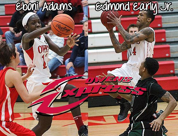 Eboni Adams, pictured here in a home matchup against Sinclair last year, is the only member of this year's team to play against Sinclair last year. On the right, Edmond Early Jr. is pictured take a shot against No. 3 Cincinnati State a couple weeks ago. Both players will play key roles in tomorrow's doubleheader against Sinclair. Photo by Owens Sports Information