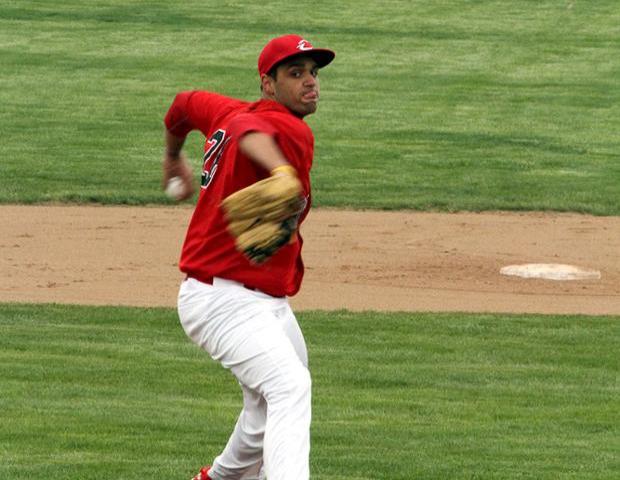 Andrew Joseph delivers a pitch against Lakeland. The sophomore threw a two-hitter over six innings against the Lakers yesterday to pick up the win. Photo courtesy of Cherie Guthrie/Owens Sports Information