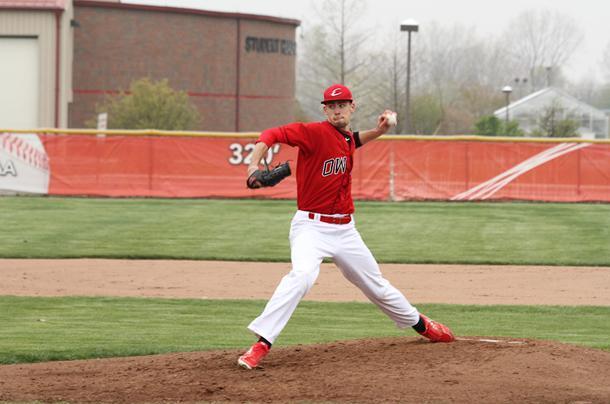 Chris Ward, above, struck out 12 Lakeland batters over eight innings in today's first game. Below, Andy Joseph looks to the catcher for the sign. The Express swept the doubleheader 4-3 and 6-3. Photos by Cherie Guthrie/Owens Sports Information