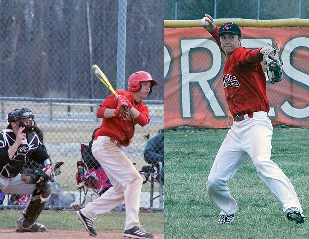 At left, Logan Shullick watches one of his four hits in today's second game land in the outfield. At right, Shullick throws the ball in from left field. His play was vital in today's doubleheader sweep of Cuyahoga. Photos by Dave Harrand and Amanda Flowers/Owens Sports Information