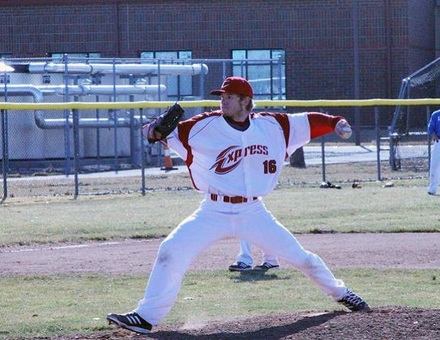 Nick Morrow delivers a pitch in the second game of today's doubleheader against Lakeland. The Express lost 5-4 and 7-3 to the Lakers, who they will get a rematch against tomorrow at 1 p.m. Photo by Dave Harrand/Owens Sports Information