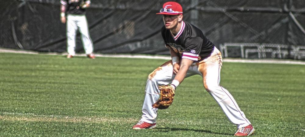 Casey Gose prepares for the pitch from his middle infield spot. The freshman had three hits, three runs and two stolen bases today. Photo by Nicholas Huenefeld/Owens Sports Information