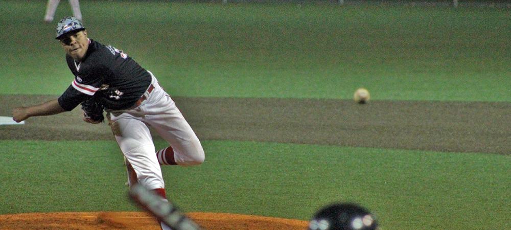 Ardry Mercado delivers a pitch in the seventh inning of tonight's 11-1 win. Photo by Nicholas Huenefeld/Owens Sports Information