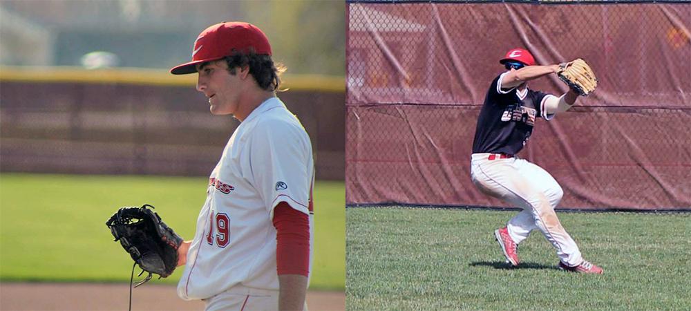 Luke Whelpton, left, took the loss in game one today. His teammates, including Stephen Parker to the right, picked him up with a 4-2 win in the second game. Photos by Nicholas Huenefeld and Kylie Reynolds/Owens Sports Information