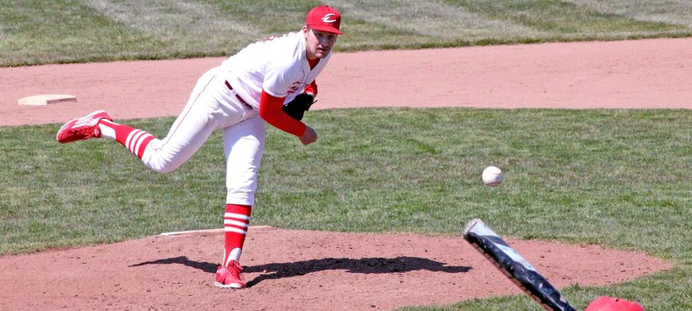 Grant Peters delivers a pitch during today's 13 strikeout win. Photo by Nicholas Huenefeld/Owens Sports Information