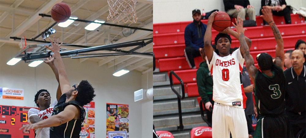 At right, Xavier Cochran makes one of his six 3-pointers. At left, he makes a floater in the lane. Photos by Kyle Brown and Amanda Aylwin/Owens Sports Information