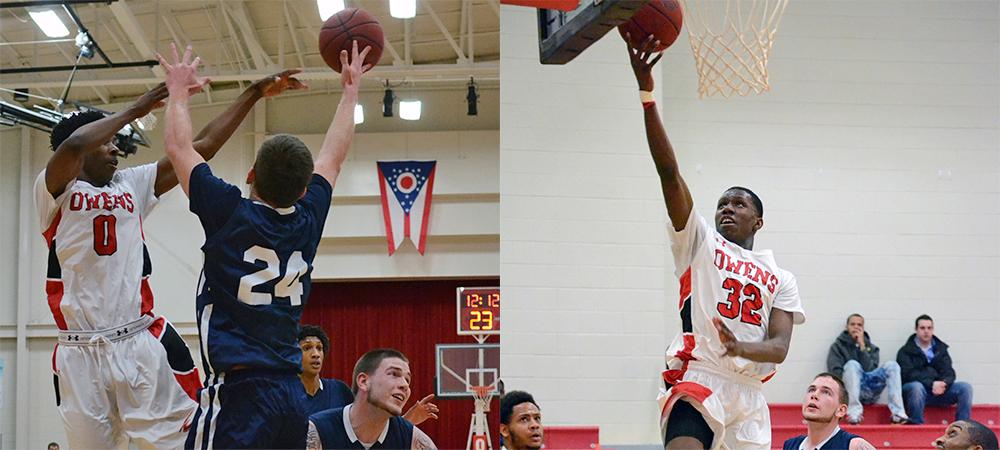 Xavier Cochran, left, makes a pass. Derrik Jamerson Jr. converts a layup. Photos by Amanda Aylwin/Owens Sports Information