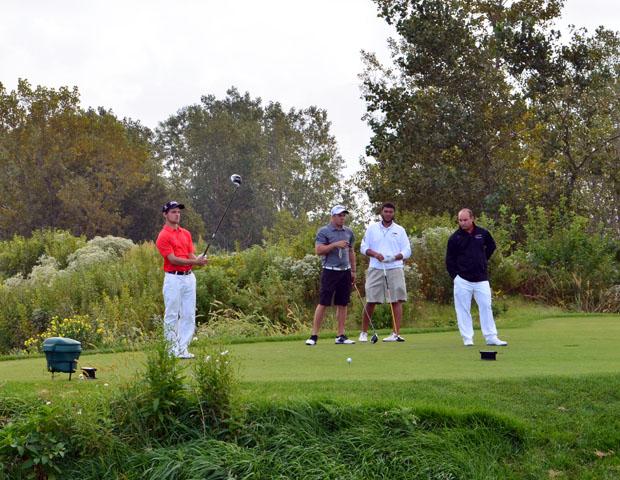 Blaze Hogan takes a look at his options prior to teeing off. The freshman shot a 68 today through 18 holes before the Defiance College Invitational was canceled due to rain and lightning. Photo by Josh Williams/Owens Sports Information