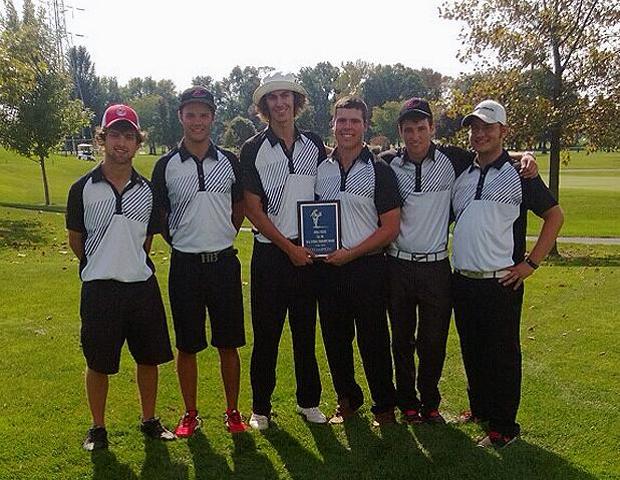 The No. 1 Express men's golf team is pictured here after winning this weekend's NJCAA D-II National Tournament Preview event in Donaldson, IN. Photo by Josh Williams/Owens Sports Information
