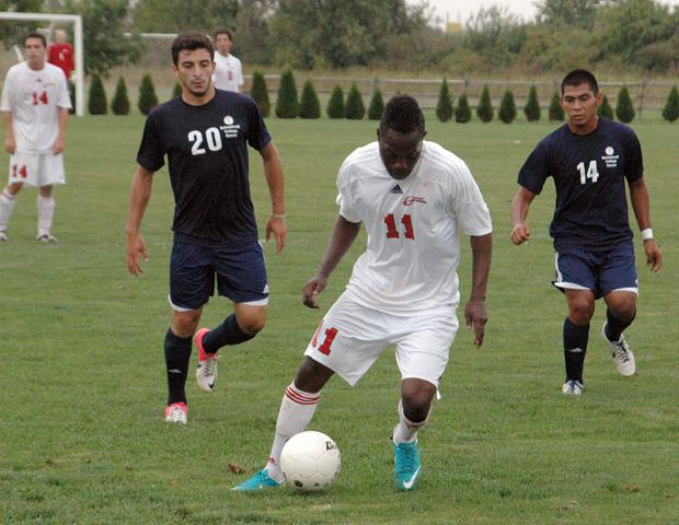 Glenroy Miller looks to make a move against No. 7 Schoolcraft College recently. He scored the lone goal for the Express in the 1-1 tie. Photo by Nicholas Huenefeld/Owens Sports Information