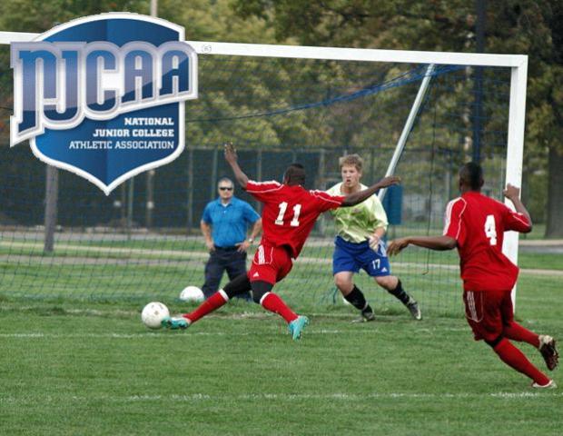 Glenroy Miller looks to score a goal against OCCAC foe Cuyahoga Community College during his sophomore year. He was recently named an NJCAA D-I Second Team All-American after producing 26 goals and four assists this past season. Photo by Nicholas Huenefeld/Owens Sports Information