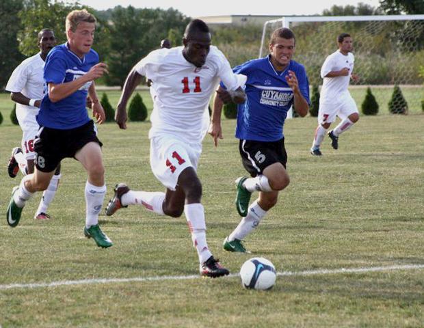 Glenroy Miller advances the ball against Cuyahoga Community College two years ago. In that year, Miller led the Express in scoring with 16 goals and five assists. He will now team with last year's leading scorer, Novak Vuk Janicic, to provide 30 goals and 14 assists up front for the 2012 Express. Photo courtesy of Marcela Hernandez-Snyder/Owens Sports Information