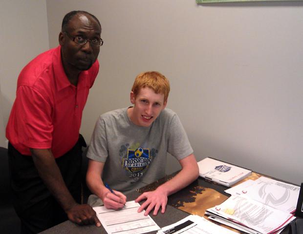 Express men's soccer head coach, left, poses with Josh Kleinow, a 6'5" goalkeeper, who has signed to play for the Express next year. Photo courtesy of Art Johnson/Owens Sports Information