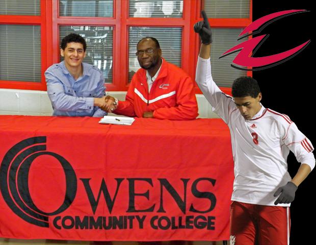 Ahmad Jarrar poses with Express men's soccer head coach Art Johnson after signing his letter of intent to play for the Express next year. At right, Jarrar is pictured during his senior year at Hendersonville (NC) High School. Photos by Mike Dirks/Times-News and Amanda Flowers/Owens Sports Information