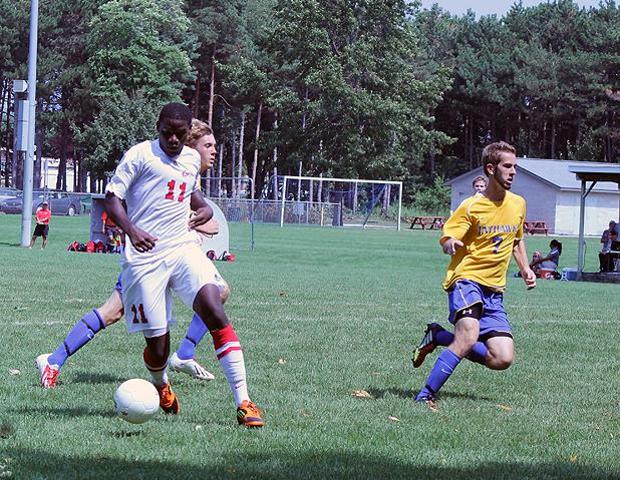 Bjion Campbell prepares to attempt a shot in the first half of today's 3-0 win over Muskegon. The freshman netted three goals, and he now has four this season. Photo by Nicholas Huenefeld/Owens Sports Information
