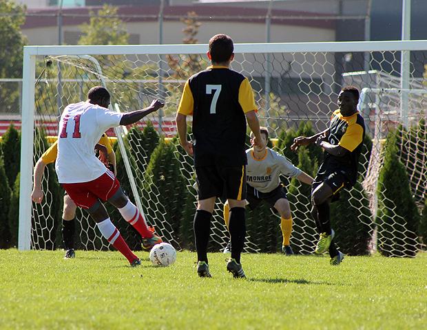 Bjion Campbell attempts a shot late in today's 3-1 loss to No. 9 Monroe Community College. Photo by Nicholas Huenefeld/Owens Sports Information
