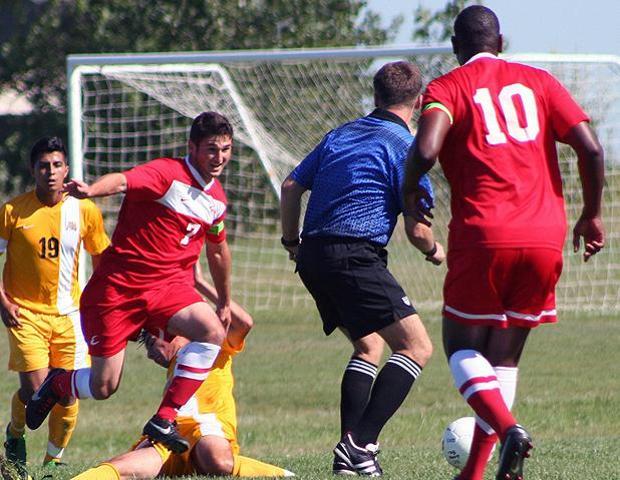 Jake Martin (7, goal) and Vijay Gentles (10, assist) teamed up today to give the Express their lone goal in a 1-0 victory over Muskegon Community College. Photo by Bonnie Kleinow/Owens Sports Information