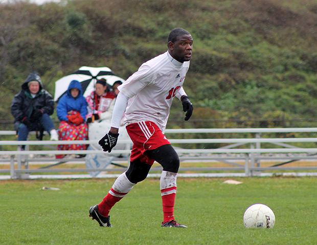 Vijay Gentles looks to advance the ball in today's 2-1 win over Jackson College. The sophomore tallied his 13th career goal and 18th career assist today. Photo by Nicholas Huenefeld/Owens Sports Information
