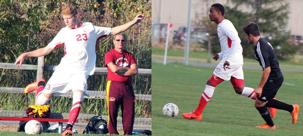 Nate Francis, left, and Akeem McCarthy each scored goals to give Owens a 2-1 win over Ancilla in the Region XII semifinals. Photos by Nicholas Huenefeld/Owens Sports Information