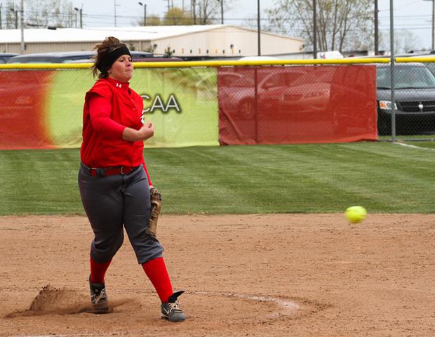 Kasey Graham delivers a pitch. The sophomore moved to 7-1 with her win in the 9-3 Express victory over GRCC in game two of Tuesday's doubleheader. Photo by Cherie Guthrie/Owens Sports Information