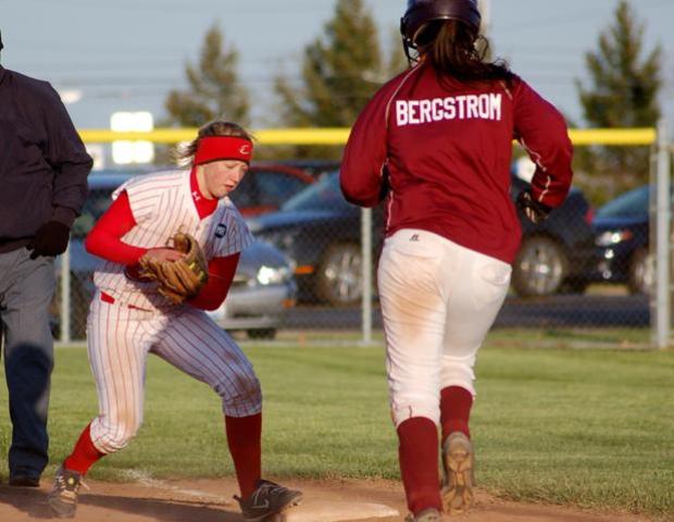 Michelle Hollister records an out at first base. The second baseman was named the OCCAC Player of the Year. Photo courtesy of Sharon Snyder/Owens Sports Information