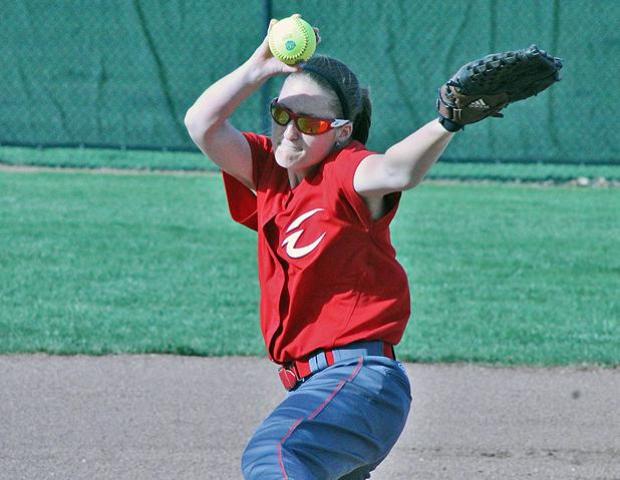 April DeCant delivers the first pitch of her collegiate career in today's second game. Photo by Nicholas Huenefeld/Owens Sports Information