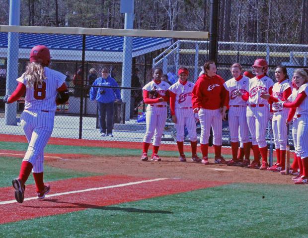 Emily Rockman circles the bases following her home run to lead off the second inning in today's second game. Photo by Nicholas Huenefeld/Owens Sports Information