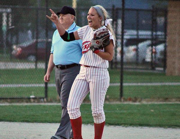Emily Rockman had an RBI single and a two-run homer in today's Region XII District G winner's bracket semifinal, but it wasn't enough as her team fell 11-6 to Grand Rapids Community College. Photo by Nicholas Huenefeld/Owens Sports Information