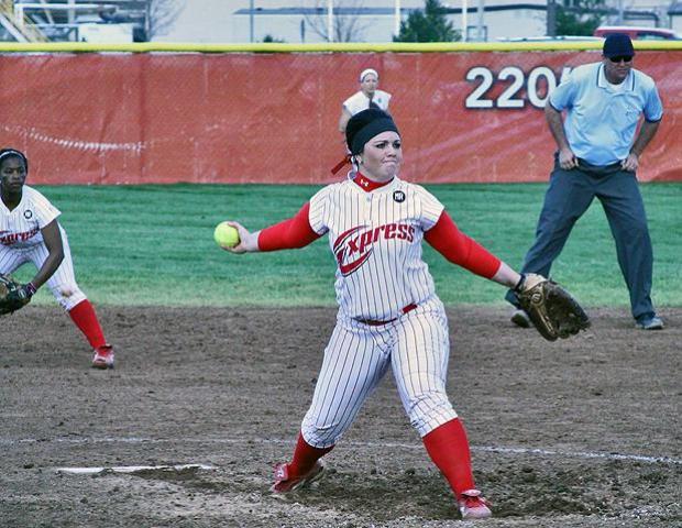 Katie Turski delivers a pitch in today's first game. The freshman took the loss in game one, but picked up her 16th win (in relief) in game two. Photo by Rudy Yovich/Owens Sports Information