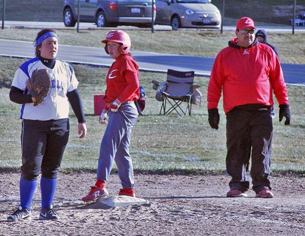 Olivia Reeder stands on first base after collecting one of her five RBIs today. Photo by Nicholas Huenefeld/Owens Sports Information