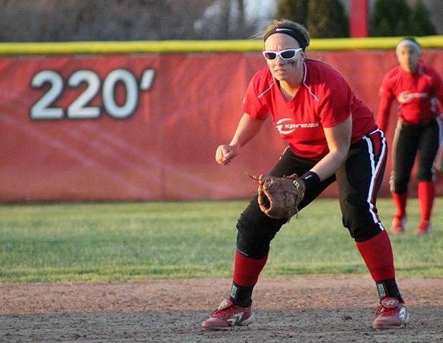 Brittany George prepares for a pitch during a recent game at home. The freshman shortstop won OCCAC softball player of the week honors after hitting .500 last week. Photo by Geoff Roberts/Owens Sports Information