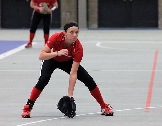 Freshman second baseman Kim Jesse, pictured here in yesterday's indoor scrimmage at Macomb Community College. and the Express softball team are 6-0 this year and are now ranked 13th in the nation. Photo by Nicholas Huenefeld/Owens Sports Information