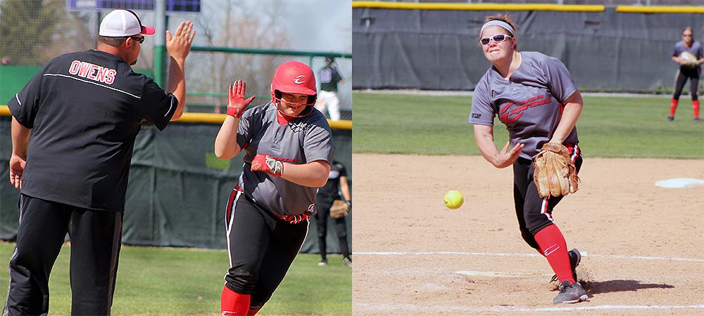 At left, Tori Weidinger is congratulated by head coach Marcus Smith after hitting a three-run homer in the first game. At right is Lesley Ducat, who picked up the win in game one and closed out the second game. Photos by Nicholas Huenefeld/Owens Sports Information