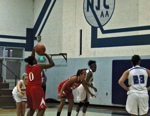 Jordyn Bond attempts a free throw in the second half of today's win over Kellogg. The freshman finished with 16 points, 12 rebounds, five assists and five steals. Photo by Nicholas Huenefeld/Owens Sports Information