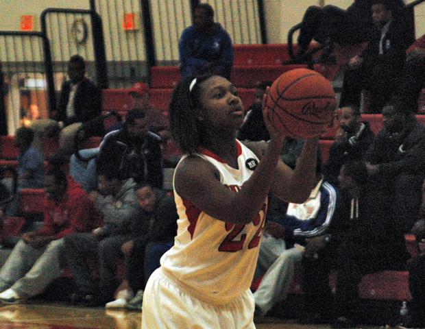 Karahn Scott prepares to attempt a free throw. She finished 5-for-7 from the foul line today en route to 13 points, 10 rebounds and six steals. Photo by Kyle Wilber/Owens Sports Information
