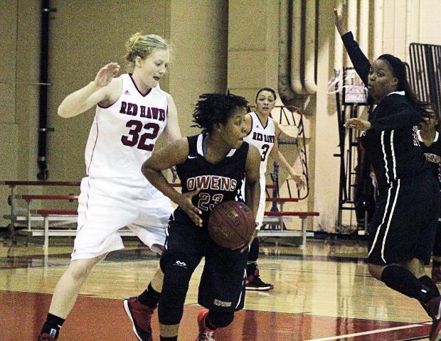 Despite being pressured here in the second half, Sierra Harley scored a game-high 20 points, while adding six assists. Photo by Nicholas Huenefeld/Owens Sports Information