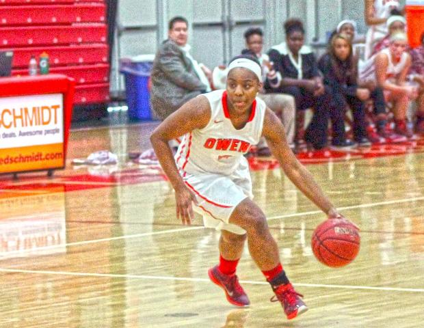 Tatyana Reynolds drives to the basket. The freshman had 12 points off the bench in today's win. Photo by Tobias Flemming/Owens Sports Information