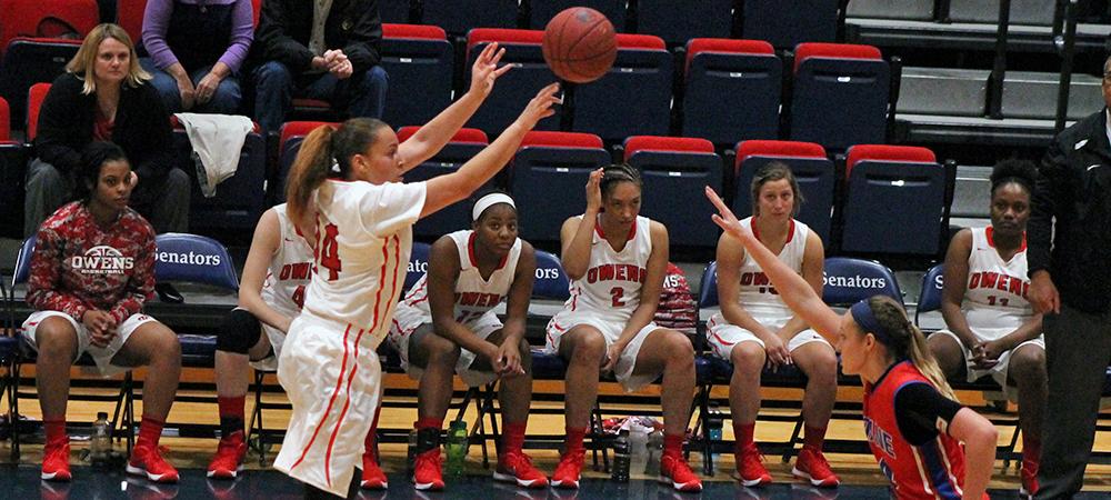 Lakyn Gulley attempts a 3-pointer during the second half of today's 75-64 win over Roane State. Photo by Nicholas Huenefeld/Owens Sports Information