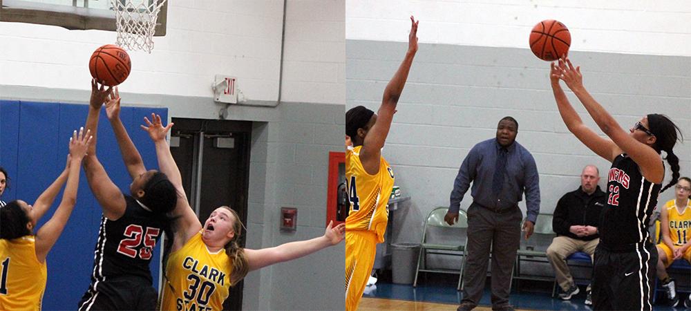 Aysah Ingram and Jeryn Reese (L to R) combined for 37 points and 33 rebounds today. Photos by Nicholas Huenefeld/Owens Sports Information