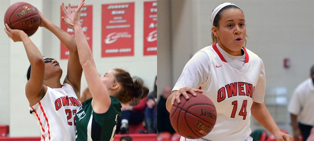 At left, Jeryn Reese attempts a shot in the paint. At right, Lakyn Gulley moves the ball up court on a fast break. Photos by Amanda Aylwin/Owens Sports Information