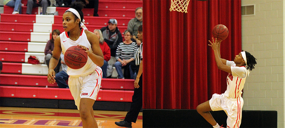 Sybil Roseboro and Courizma Williams (L to R) are pictured in action in today's 70-point win over Clark State. Photos by Nicholas Huenefeld/Owens Sports Information