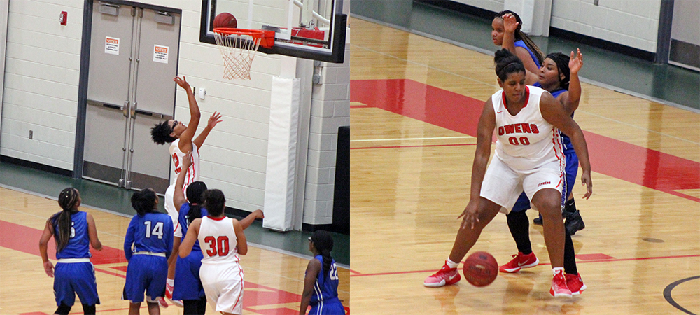 Jeryn Reese (L) scores a layup, while Kamryn Troike (R) looks to make a move in the post. Photos by Nicholas Huenefeld/Owens Sports Information
