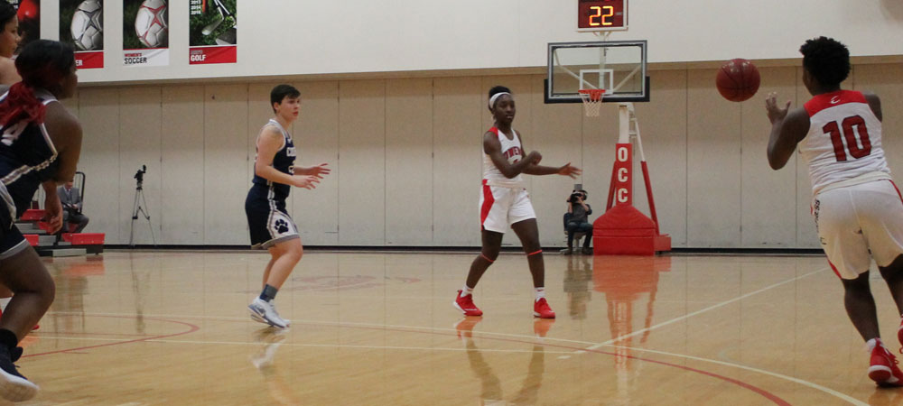 Da'vina Shelton (left) passes to Brenda Pennington. Shelton led the Express in points on Saturday.