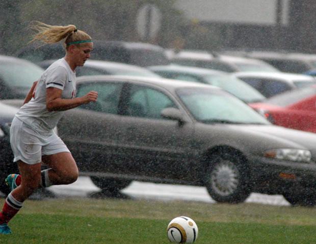 Kendra Eitniear sprints down the sideline in today's match against Delta College. The sophomore tied the game at one early in the match. Photo by Kyle Wilber/Owens Sports Information