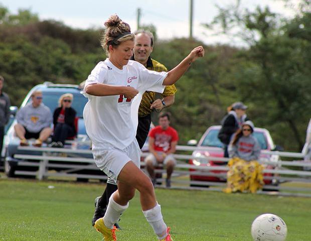 Amber Burnette, pictured here in the second half of today's game, scored two first half goals in a 10-0 win for the Express. Photo by Nicholas Huenefeld/Owens Sports Information