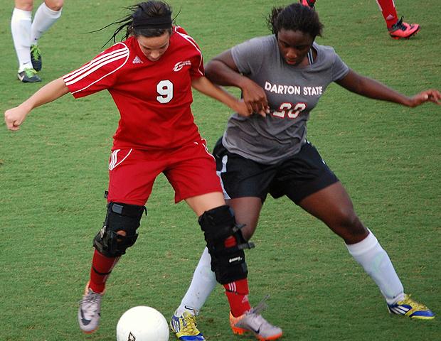 Jessica Grindle, pictured here, scored her 22nd goal of the season to tie today's game up late against No. 4 Darton State College before the No. 13 Express lost 6-5 in PKs. Photo by Judy Loehrke/Owens Sports Information
