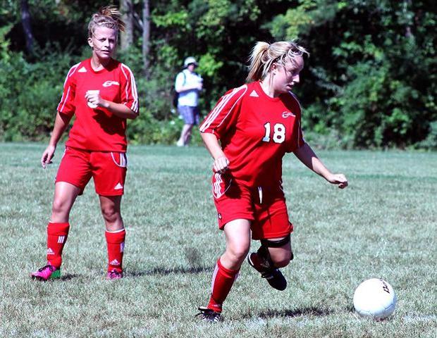 Lacee Ortman (18) scored her first two collegiate goals today, while Tara Preble (left) picked up her second assist of the season in the game. Photo by Nicholas Huenefeld/Owens Sports Information