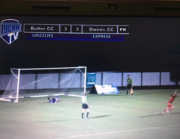 Via live stream, Elizabeth Theaker (far right) runs to celebrate with her team after scoring the game-winning goal in penalty kicks. The Express won 2-1 (4-3 PK). Photo courtesy of NJCAATV.com