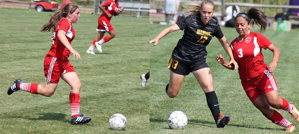 Emily Ginley and Dominique Cruz (L to R) are pictured during today's game. Photos by Nicholas Huenefeld/Owens Sports Information